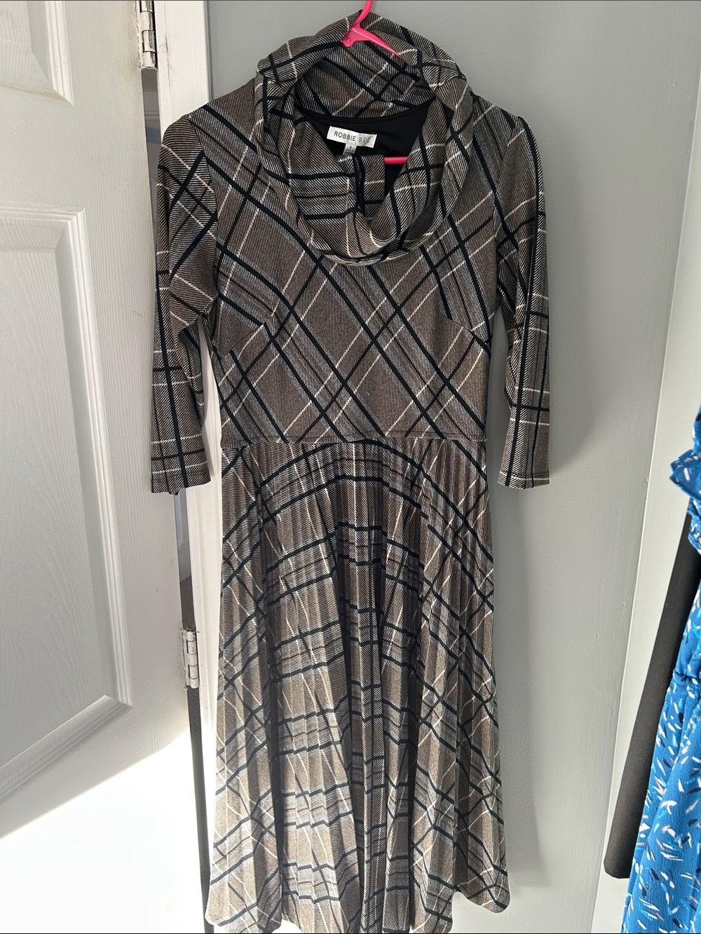 Robbie Bee Taupe and Black Plaid Cowl Neck Midi Dress